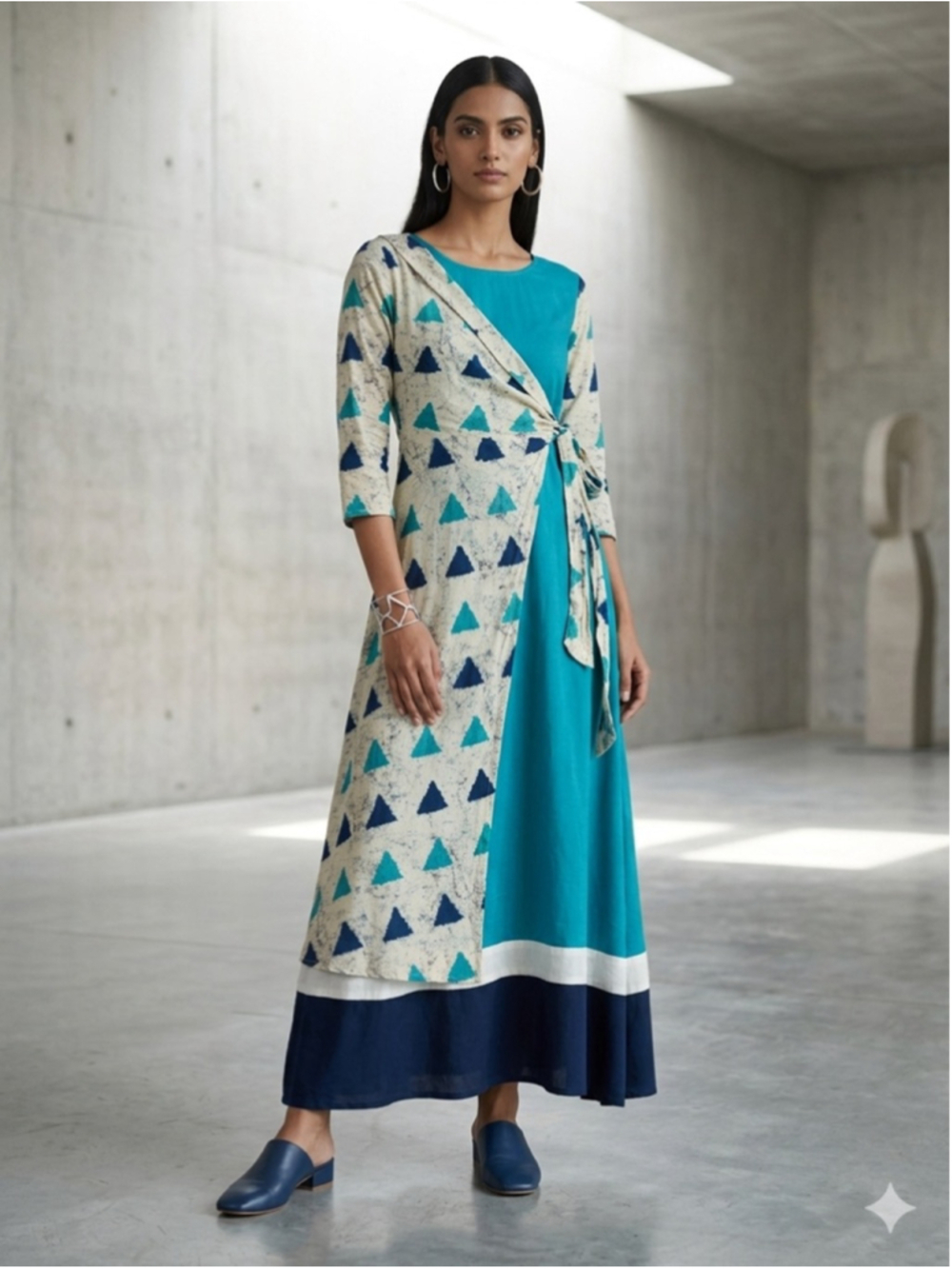 Saachi Women's Faux Wrap Maxi Dress Size S Geometric Teal Indigo Blue Boho Pull